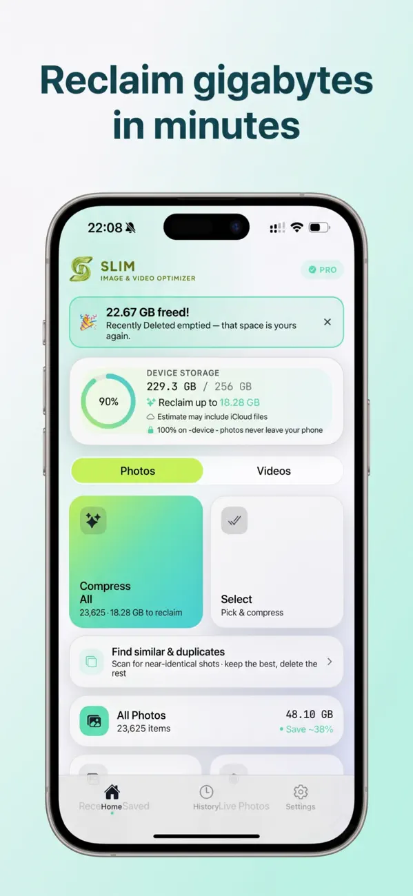 Slim home screen: 22.67 GB freed, device storage and photo and video compression tools.