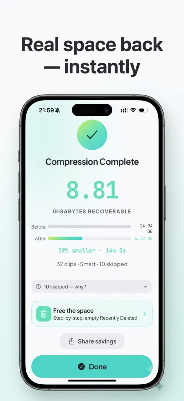 Real space back, instantly: compression complete, 8.81 GB recoverable.
