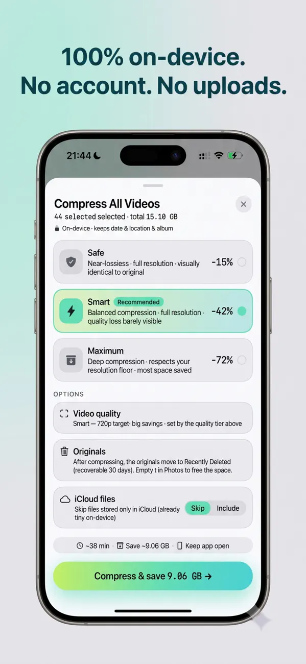 100% on-device. No account. No uploads.
