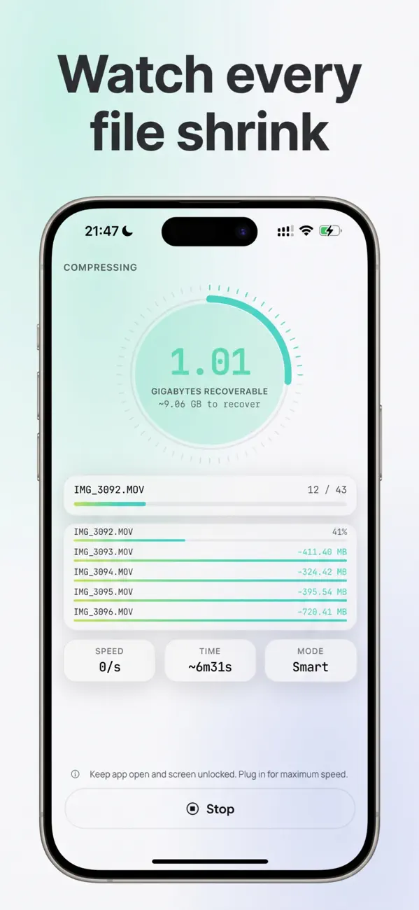 Watch every file shrink: live compression progress.